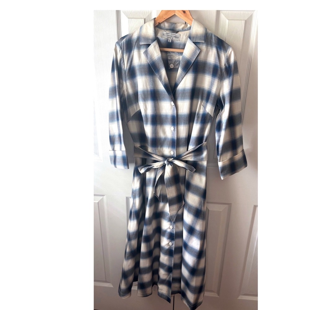 The J. Peterman Company Cream Blue Gray Plaid Office Fall Midi Shirt Dress 8